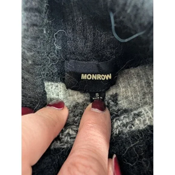 MONROW Mock Neck Fair Isle Sweater small Black White Gray Wool Alpaca Blend S13 - Picture 3 of 7
